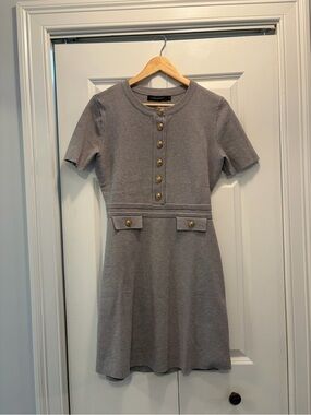 Women's Short Sleeve Knit Mini Dress in Gray with Gold Buttons